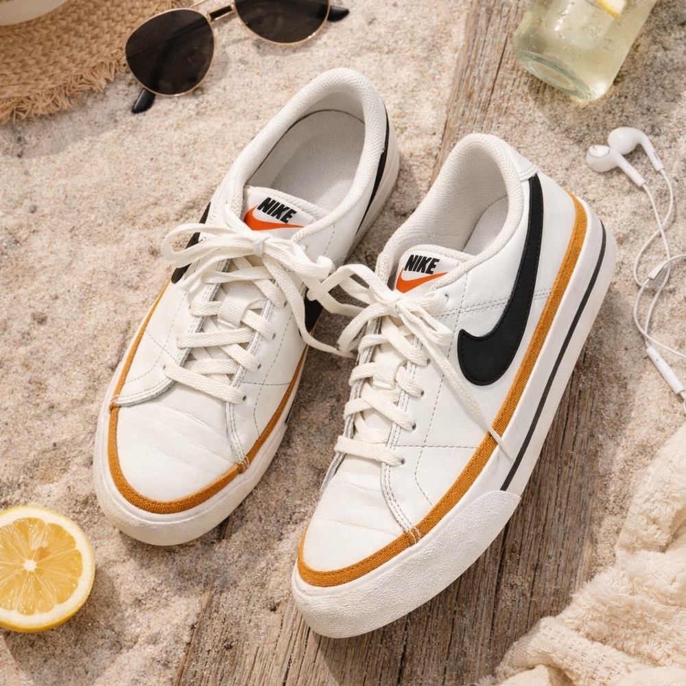 Nike Court Legacy White Leather Sneakers with Black Swoosh & Tan Accents